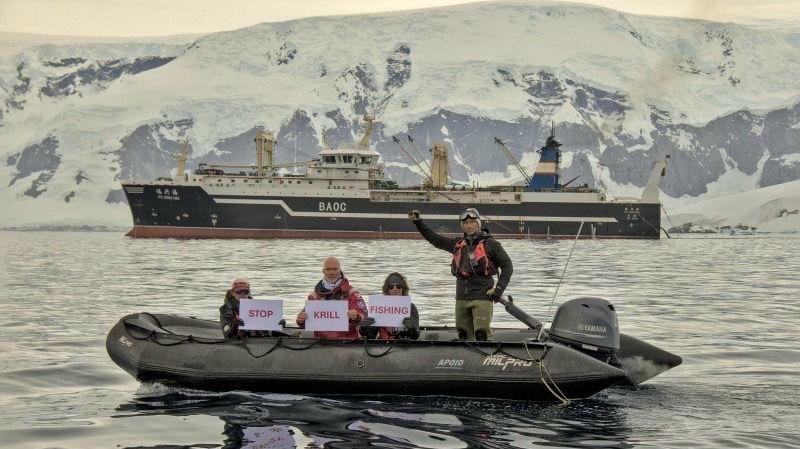Foto con pancarte. STOP KRILL FISHING
